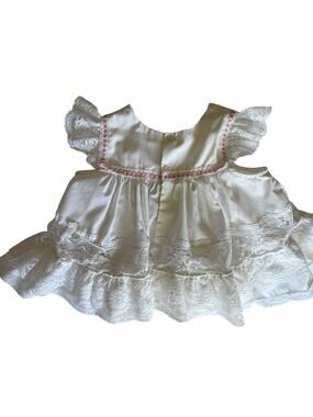 Vintage Baby Girl Ivory Lace Satin Dress Pink Ribbon Rosettes 18M Baptisim Retro